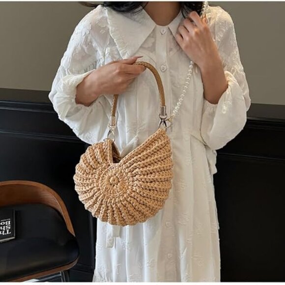 Neiman Marcus Handwoven Crochet Seashell Bag with Pearl Chain Handle - Picture 1 of 4